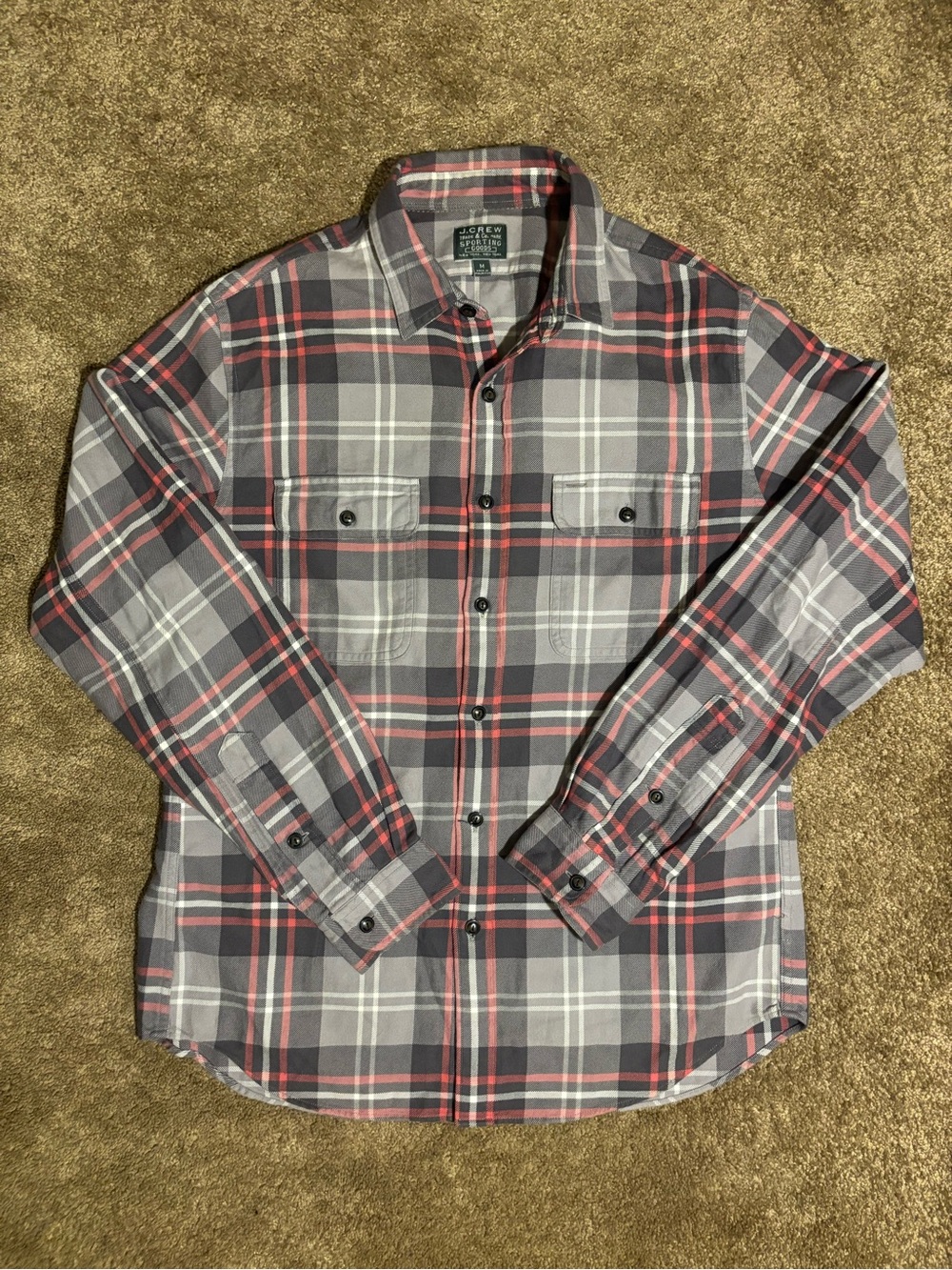 J.Crew Sporting Goods Plaid Flannel Shirt Mens M Gray Red 90s Style Button Up
